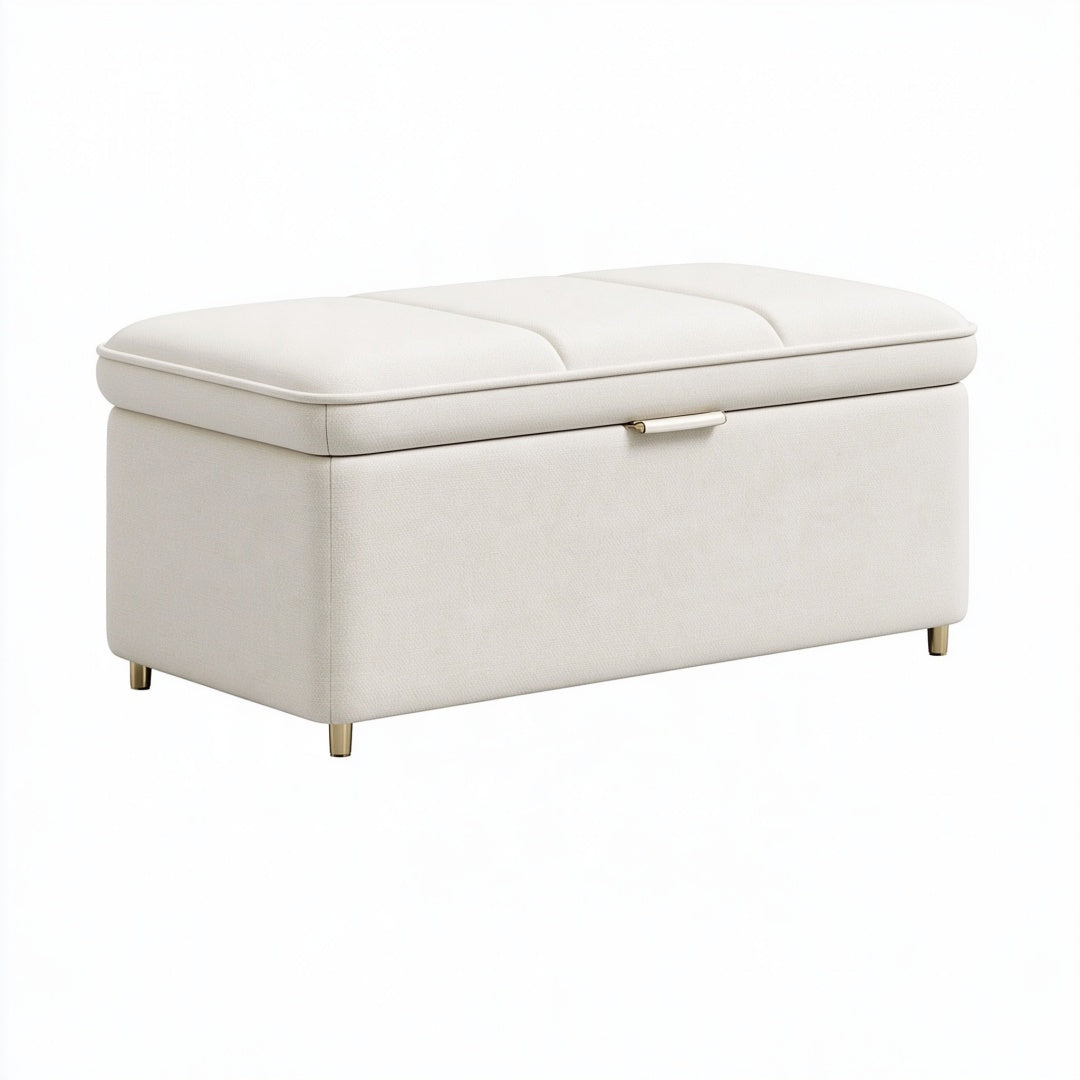 Panca contenitore 100 x 45 x 45 cm in tessuto avorio imbottita con seduta trapuntata