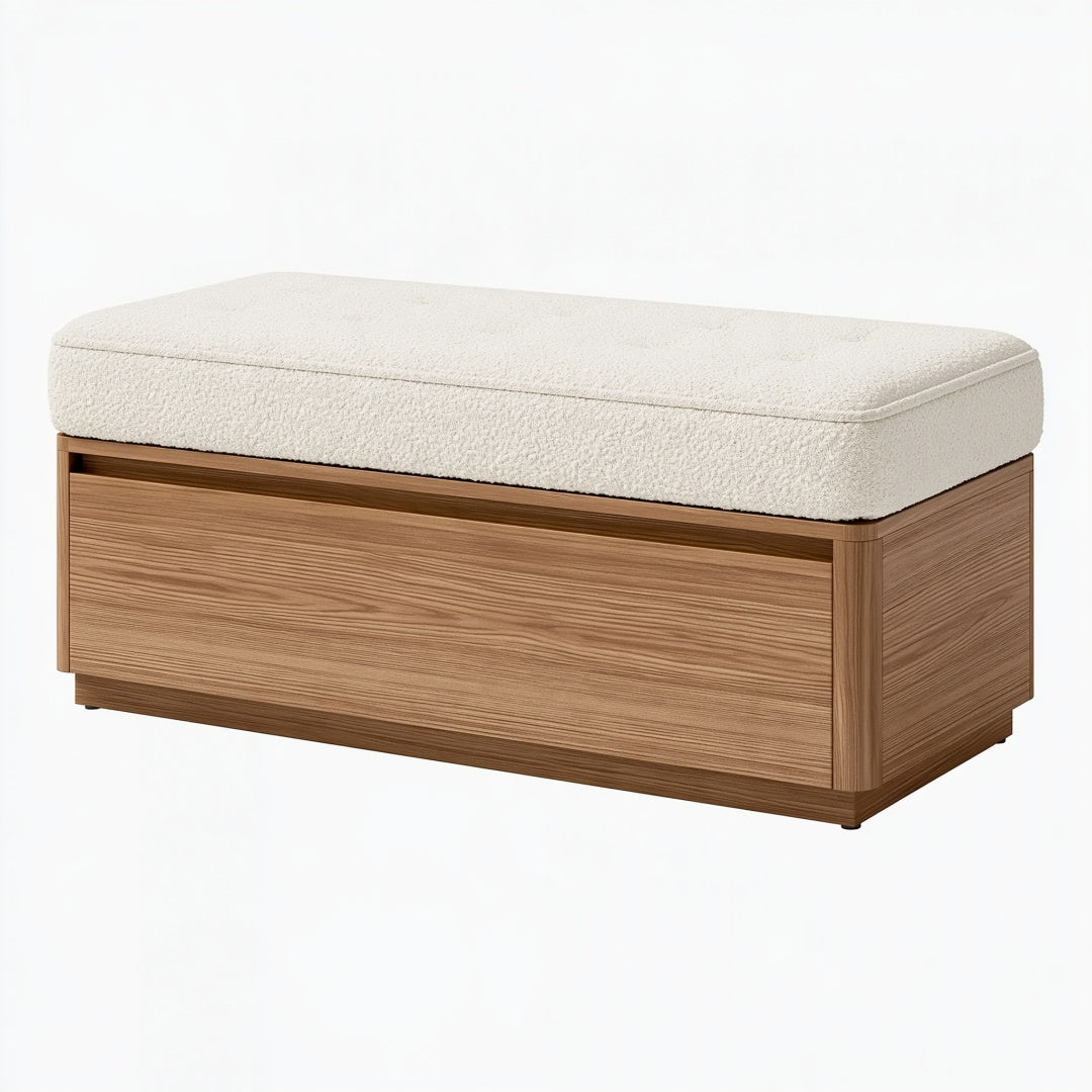Panca contenitore 100 x 45 x 48 cm in legno marrone e tessuto bouclé beige - stile moderno