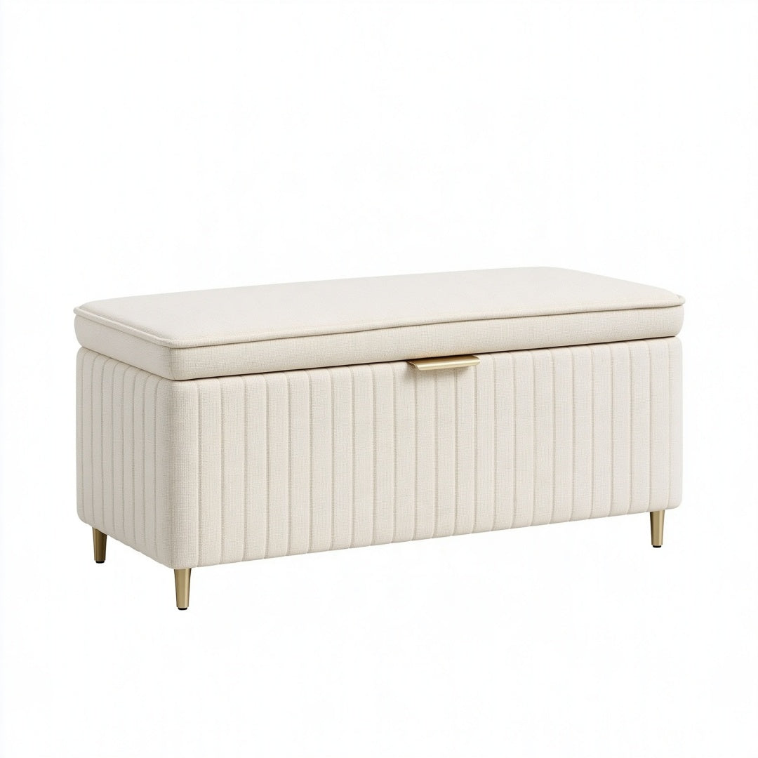 Panca contenitore 100 x 40 x 48 cm in tessuto beige con gambe dorate - imbottita moderna
