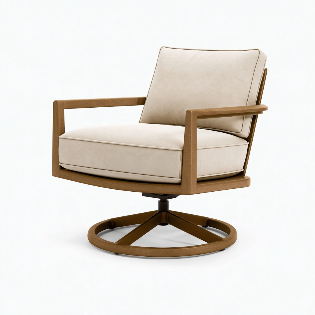 Poltrona girevole 75 x 80 x 85 cm in tessuto beige e legno per soggiorno - stile moderno