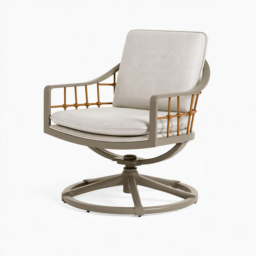 Poltrona da esterno girevole 82 x 78 x 90 cm in metallo tortora con cuscini beige stile contemporaneo