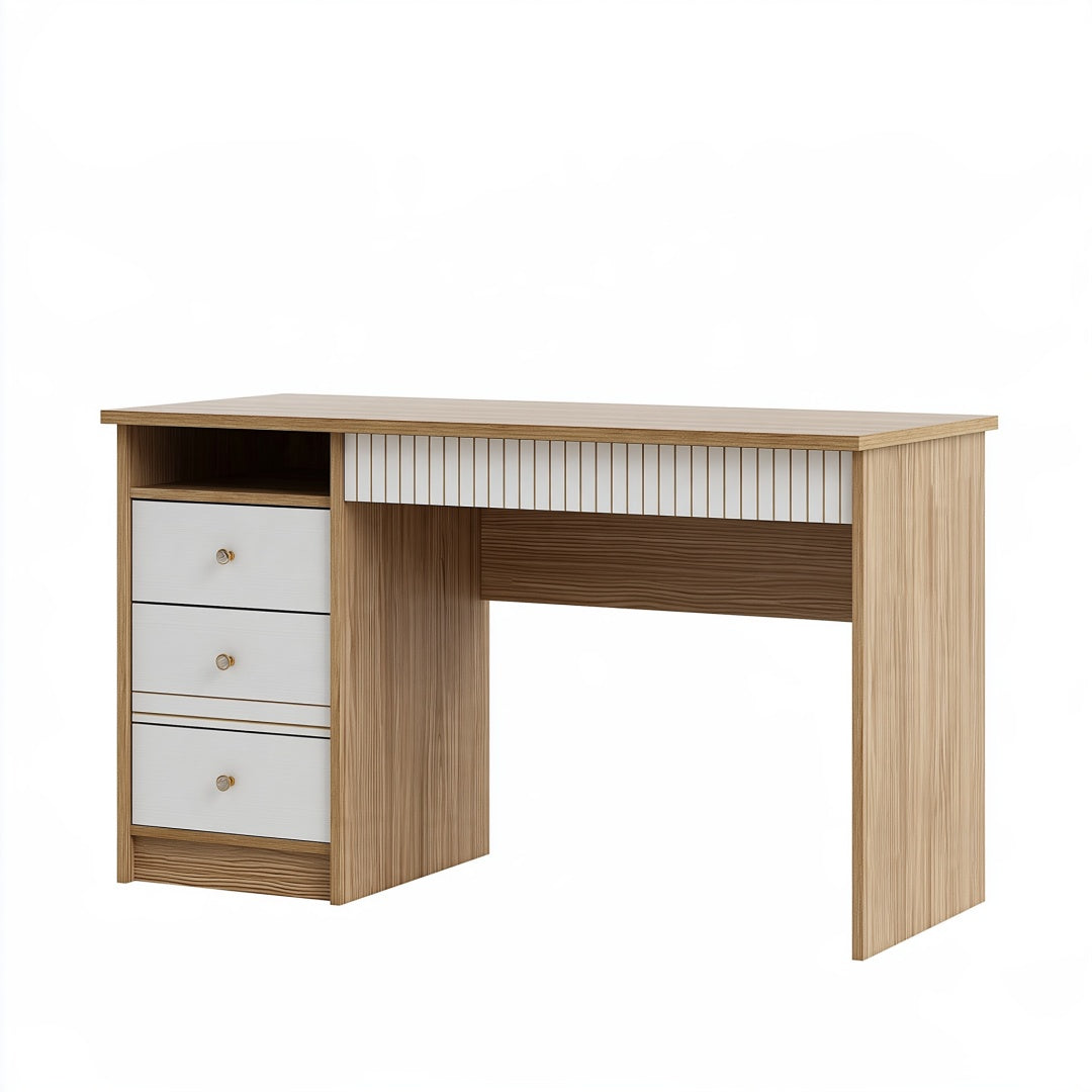Scrivania 120 x 50 x 75 cm in legno ingegnerizzato rovere naturale e bianco con 3 cassetti stile moderno