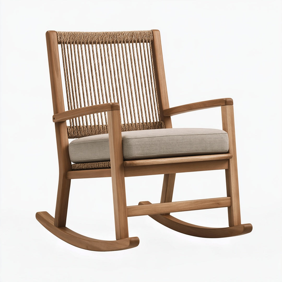 Sedia a dondolo 70 x 95 x 105 cm in legno naturale con corda intrecciata e seduta imbottita