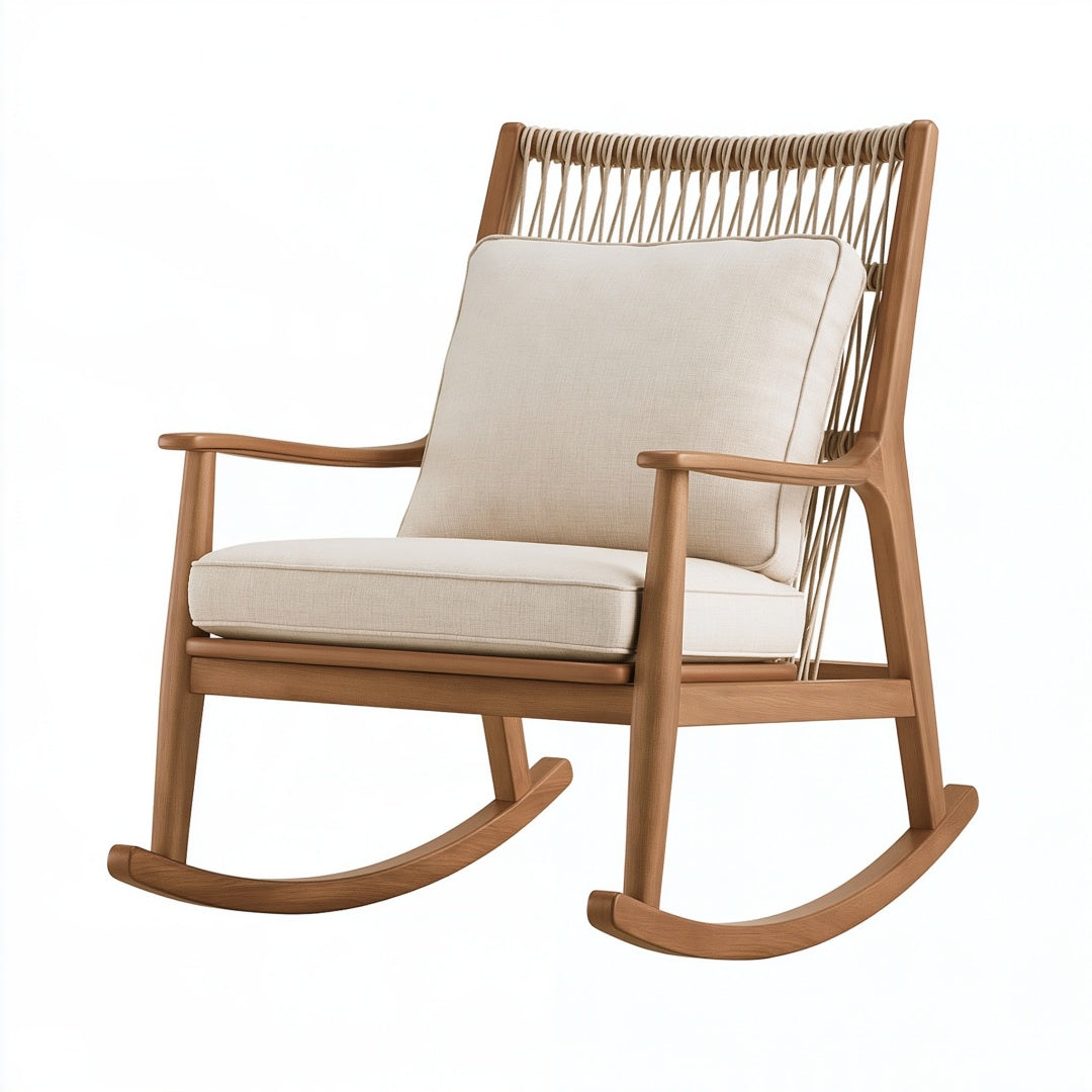 Sedia a dondolo 70 x 90 x 100 cm in legno marrone con rivestimento beige stile naturale