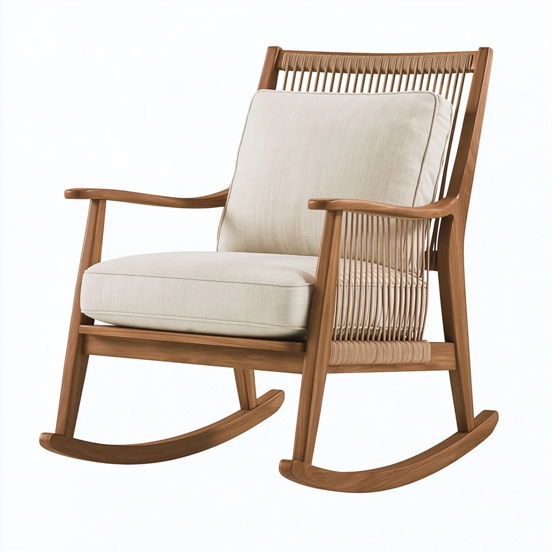 Sedia a dondolo 70 x 90 x 100 cm in legno marrone con rivestimento beige stile nordico
