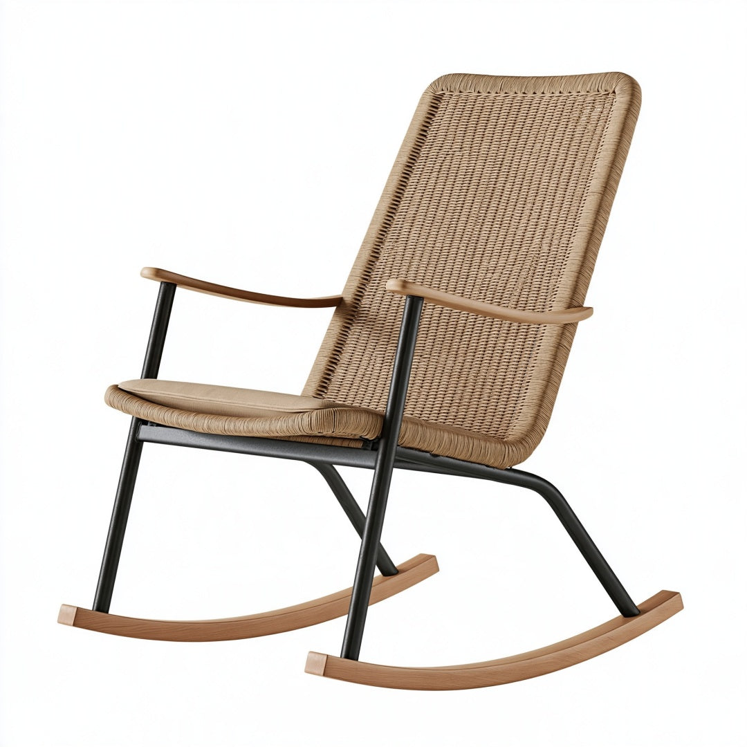 Sedia a dondolo 70 x 95 x 105 cm in rattan naturale e metallo nero con braccioli
