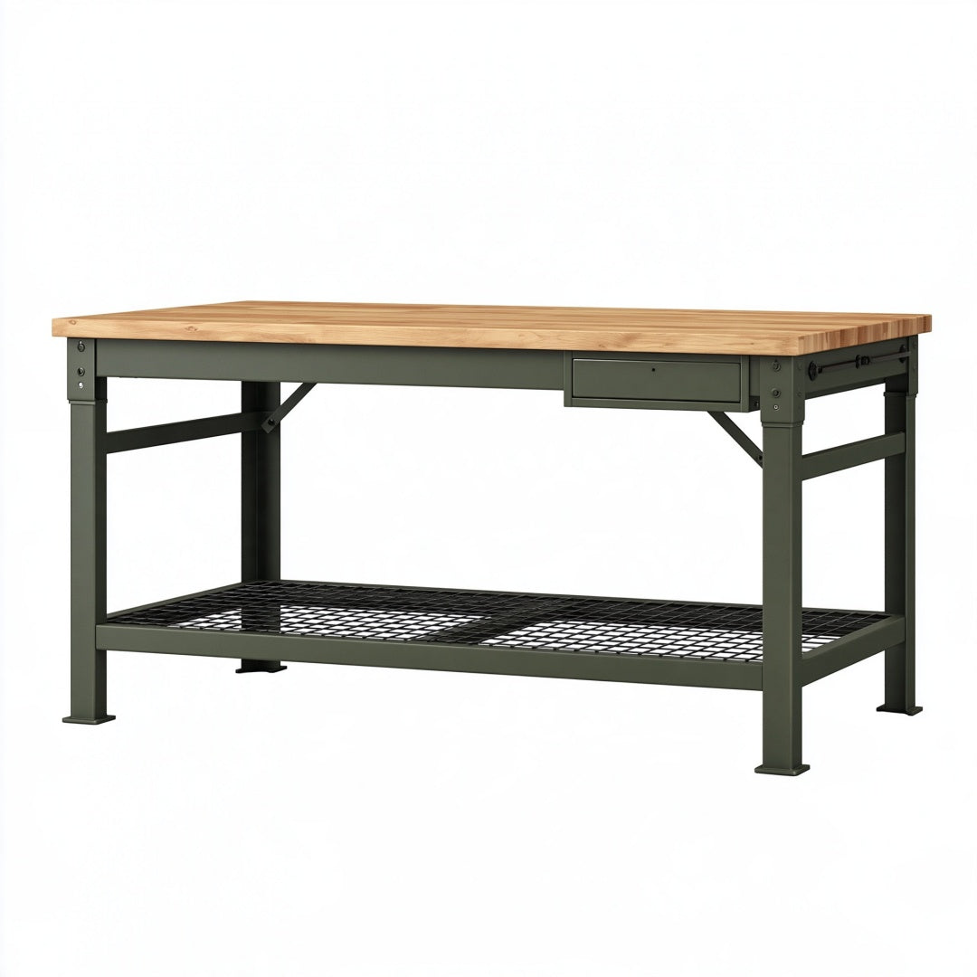 Banco da lavoro 160 x 80 x 90 cm in legno e acciaio verde industriale con cassetto e ripiano