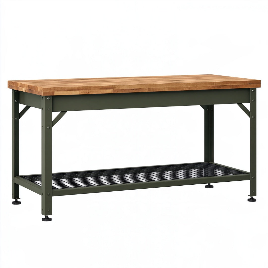 Banco da lavoro 120 x 60 x 90 cm in legno e acciaio verde con ripiano inferiore stile industriale