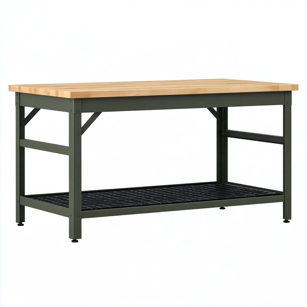 Banco da lavoro 120 x 60 x 90 cm in legno e metallo verde con ripiano a griglia