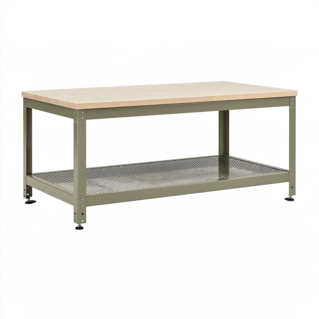 Banco da lavoro 120x60x90 cm in acciaio e legno beige/verde con ripiano inferiore