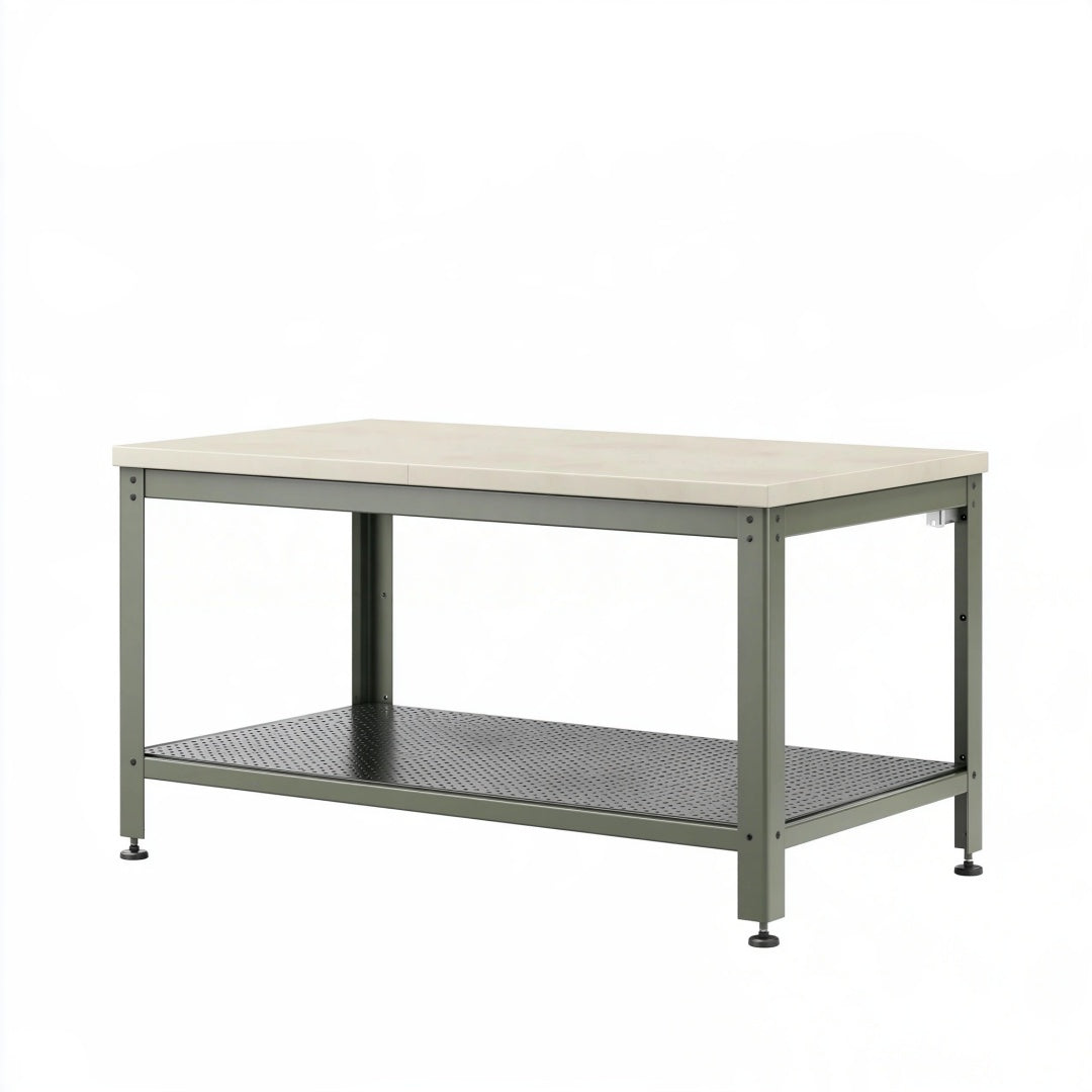 Tavolo da lavoro da giardino 120 x 60 x 90 cm in acciaio verde oliva con piano beige e ripiano traforato