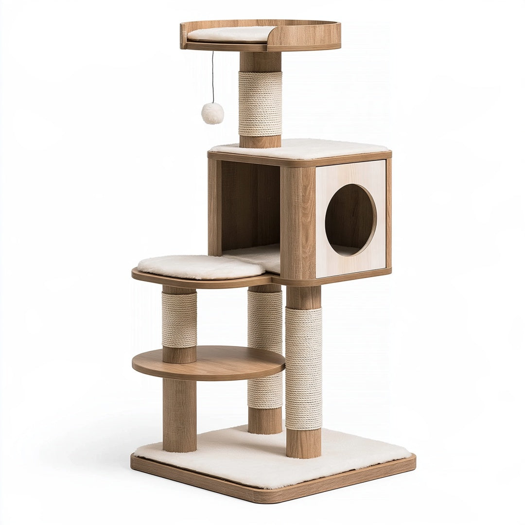 Tiragraffi per gatti 60 x 50 x 150 cm in legno beige con sisal e cuccia