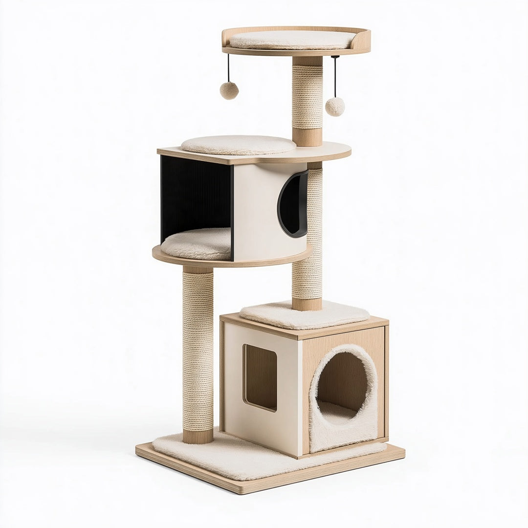 Tiragraffi per gatti 60 x 60 x 150 cm in legno beige con cuccia piattaforme e colonne in sisal