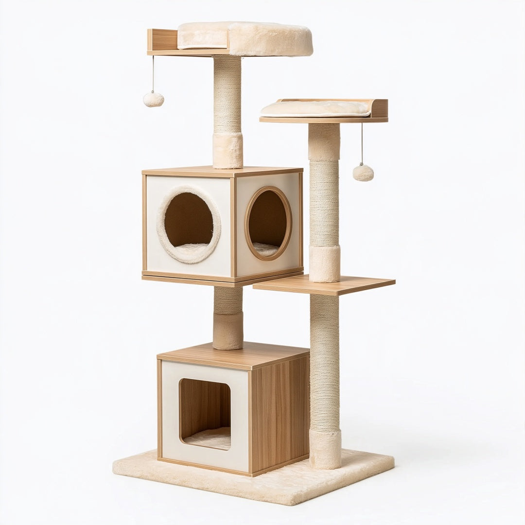 Tiragraffi per gatti 60 x 50 x 160 cm in legno beige con cuccia e colonne in sisal
