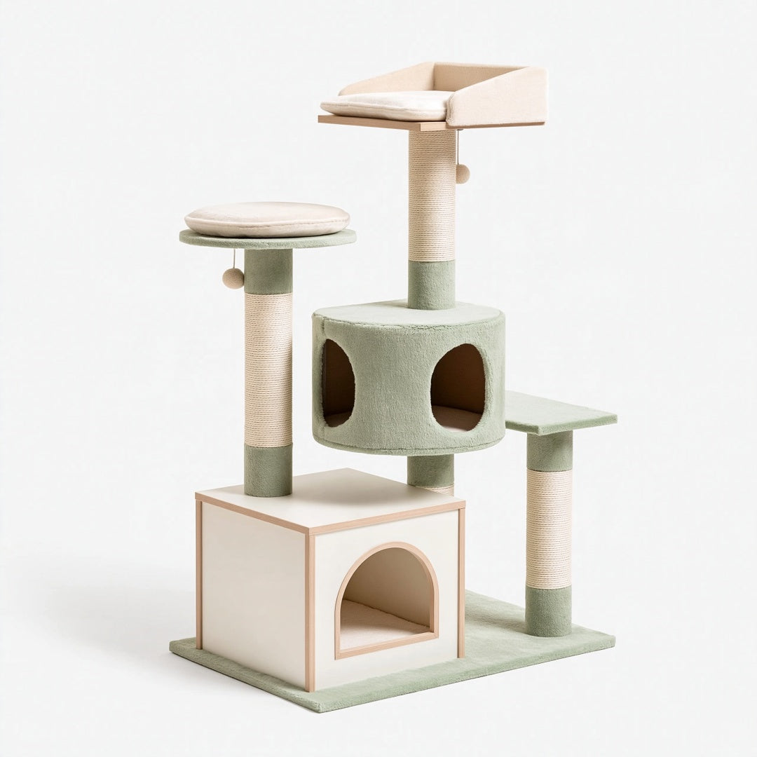 Albero tiragraffi per gatti 60 x 50 x 145 cm in sisal e tessuto verde salvia - con cuccia e piattaforme
