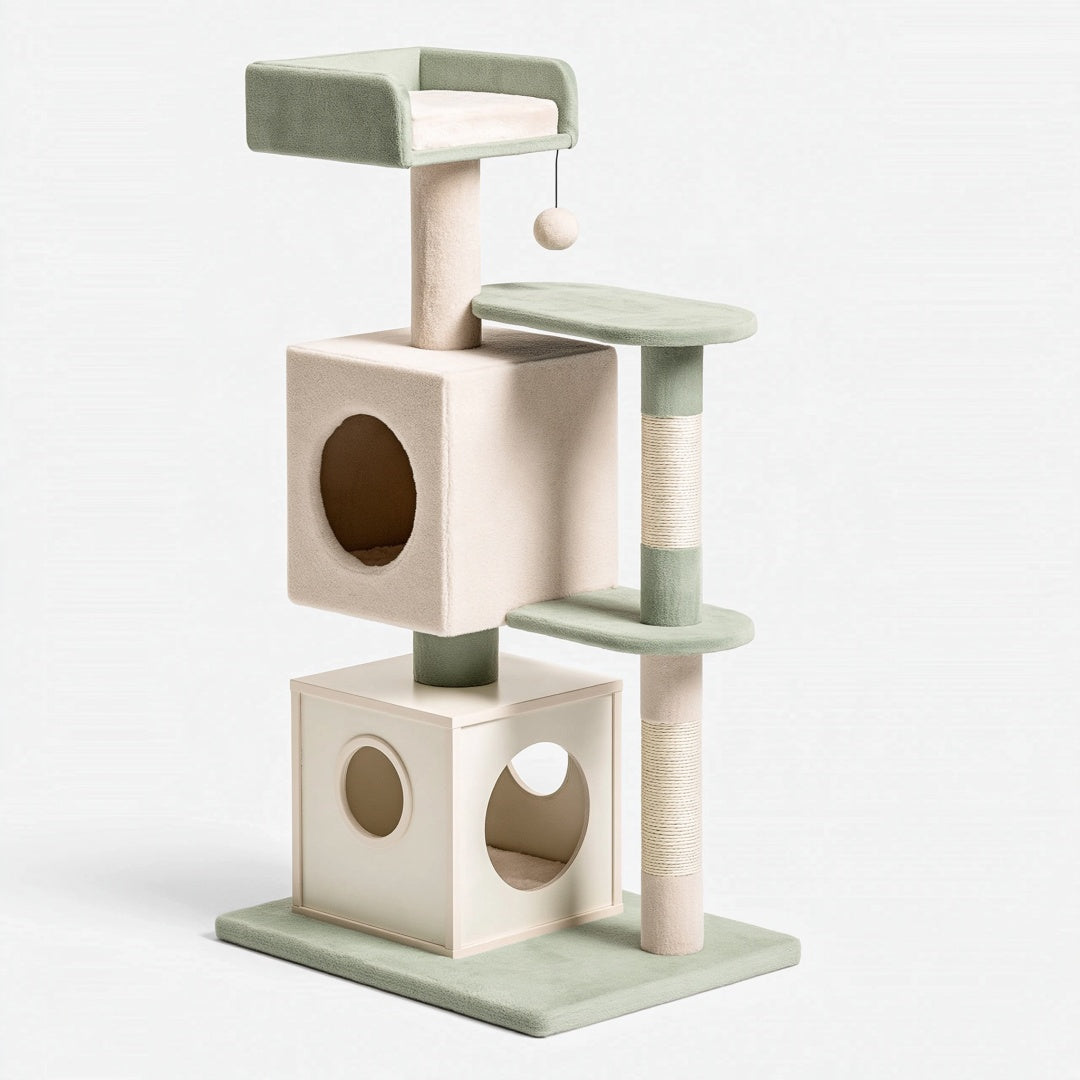 Tiragraffi per gatti 60 x 50 x 145 cm in tessuto verde e beige con cucce piattaforme e pali in sisal