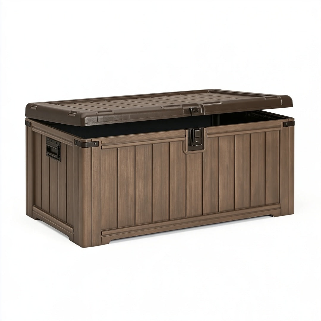 Baule contenitore da esterno 120x60x64 cm in plastica marrone con coperchio apribile