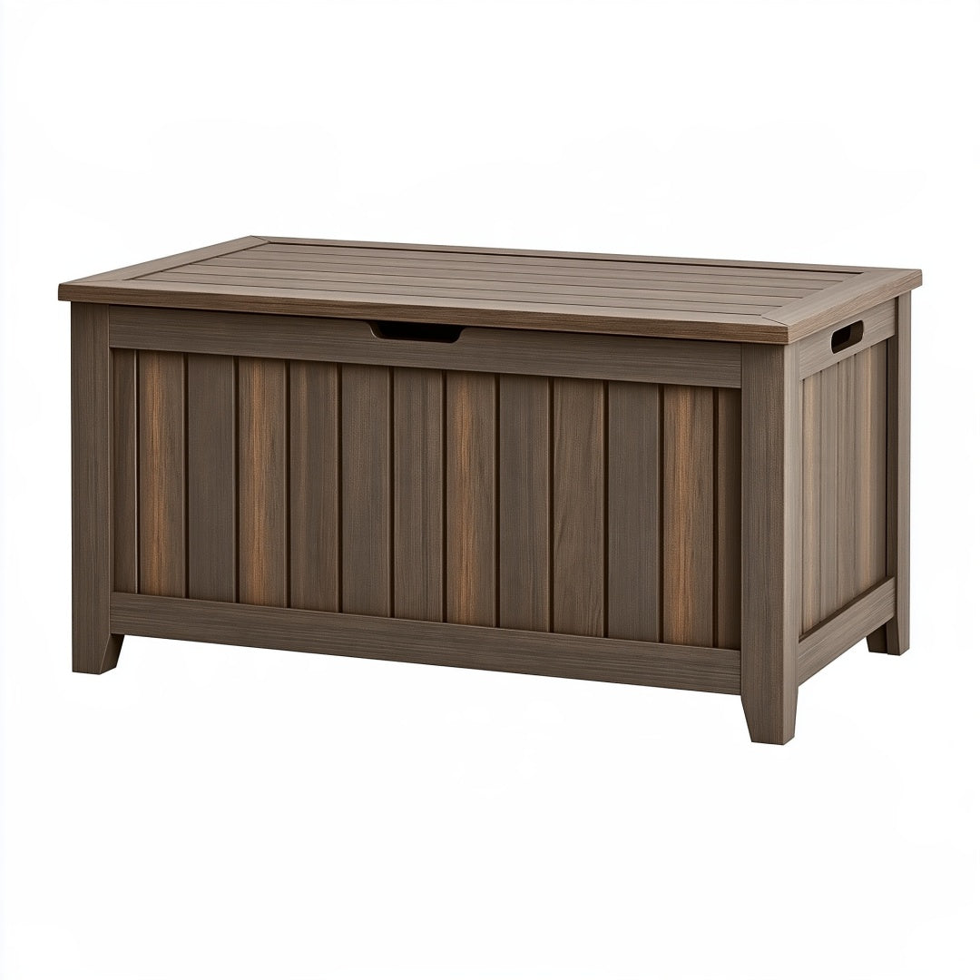Cassapanca da esterno 120 x 60 x 65 cm in resina marrone effetto legno con coperchio