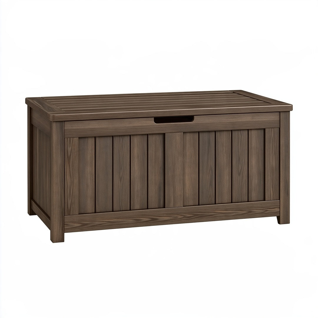 Baule contenitore da esterno 120 x 60 x 63 cm in resina marrone effetto legno con coperchio stile classico
