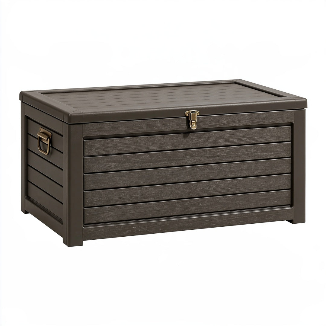 Baule da esterno 120 x 60 x 63 cm in resina marrone con coperchio per giardino