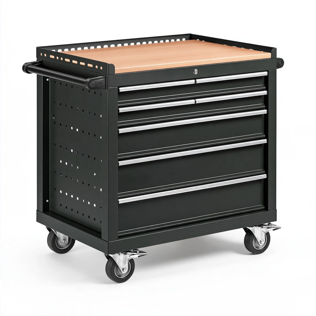 Carrello portautensili 80 x 46 x 95 cm in acciaio nero con piano in legno e 5 cassetti