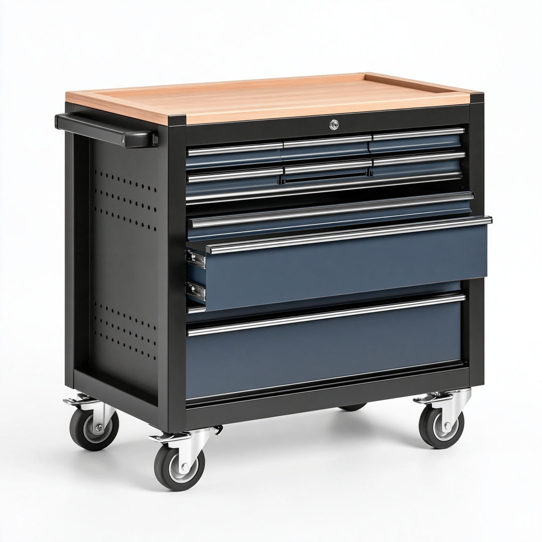 Carrello portautensili 77 x 46 x 94 cm in acciaio nero e blu con piano in legno e cassetti