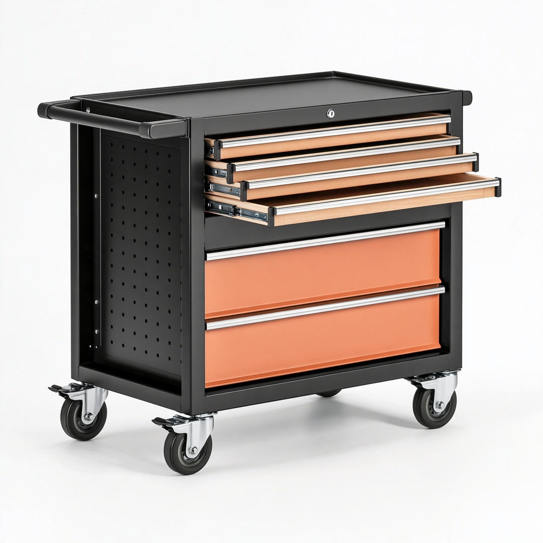 Carrello portautensili 80 x 45 x 95 cm in acciaio nero e arancione con 5 cassetti e ruote