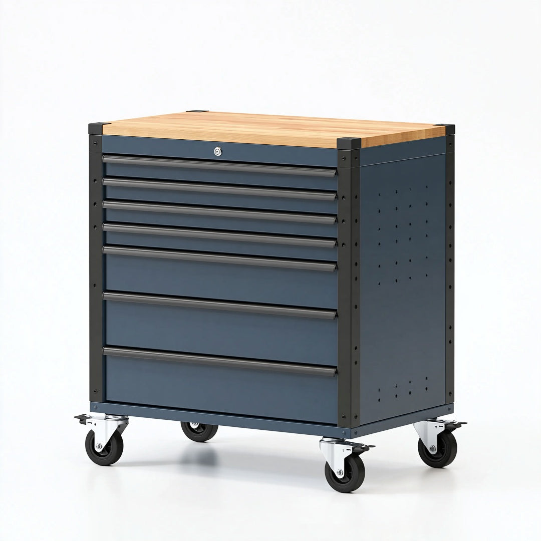 Cassettiera portautensili 100 x 50 x 95 cm in acciaio blu con piano in legno e ruote