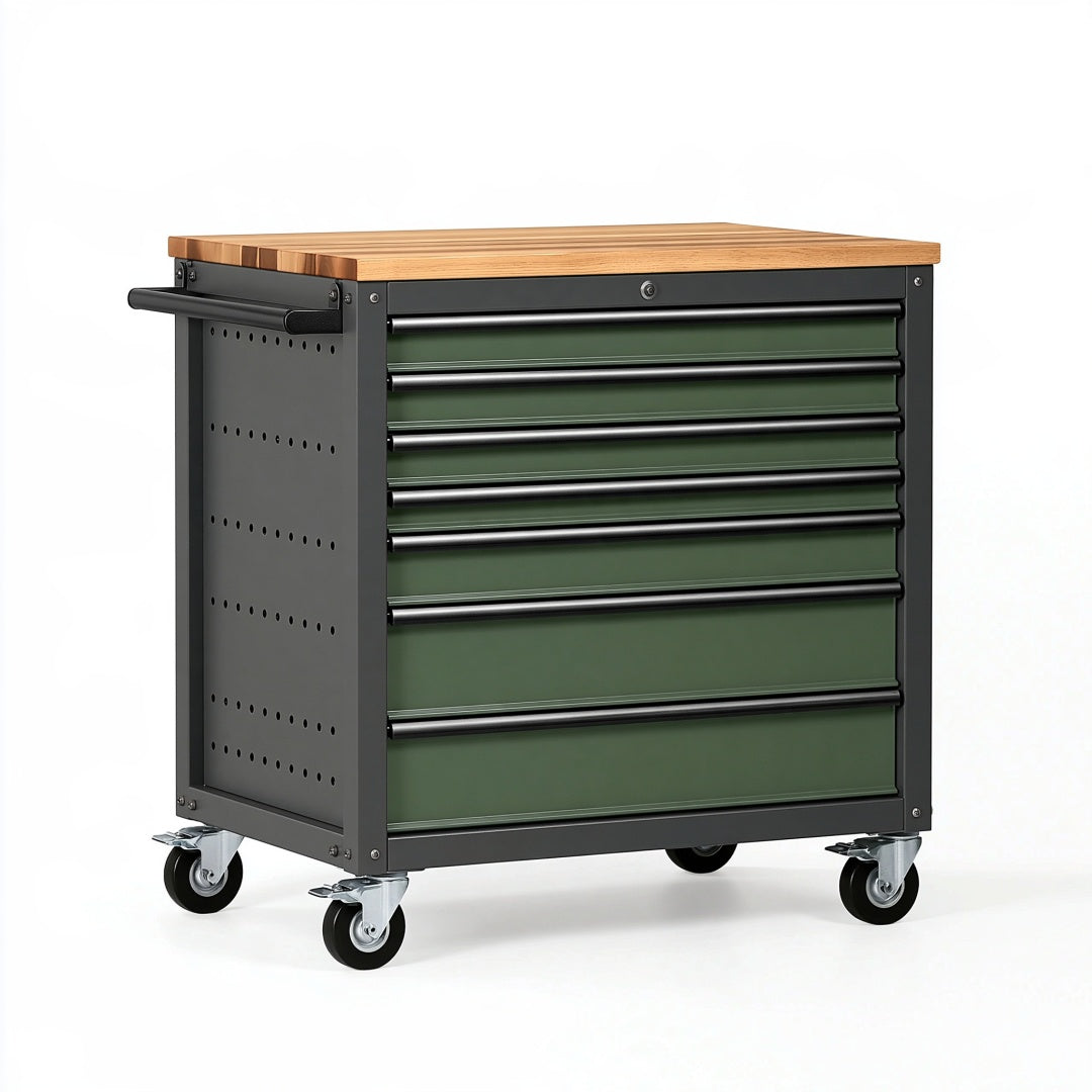 Cassettiera portautensili 80 x 50 x 95 cm in acciaio verde con piano in legno su ruote