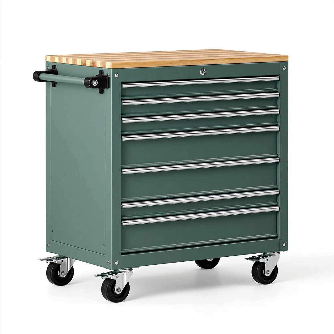 Carrello portautensili 77 x 46 x 91 cm in acciaio verde con 7 cassetti e piano in legno