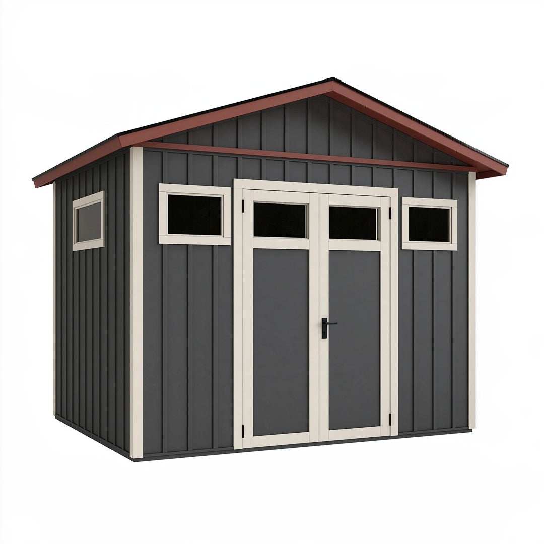 Casetta da giardino 300 x 240 x 220 cm in acciaio grigio antracite con porte doppie e finestre